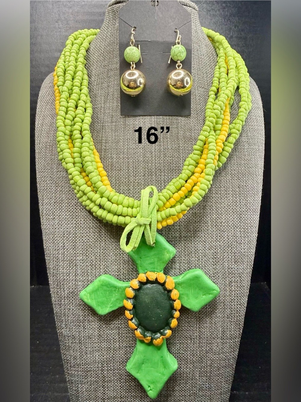 Green & Yellow Beaded Cross Pendant Necklace with Matching Earrings
